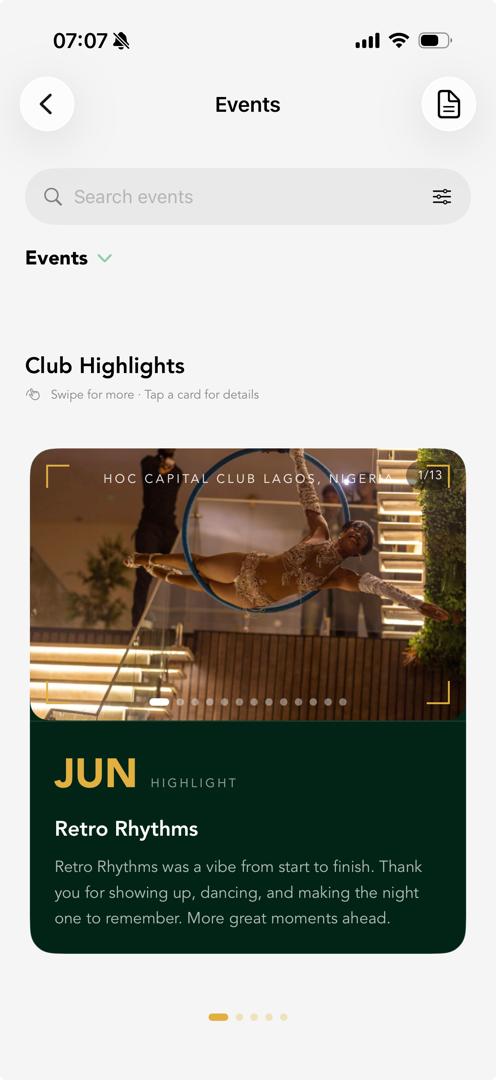 HOC Capital Club Events screen